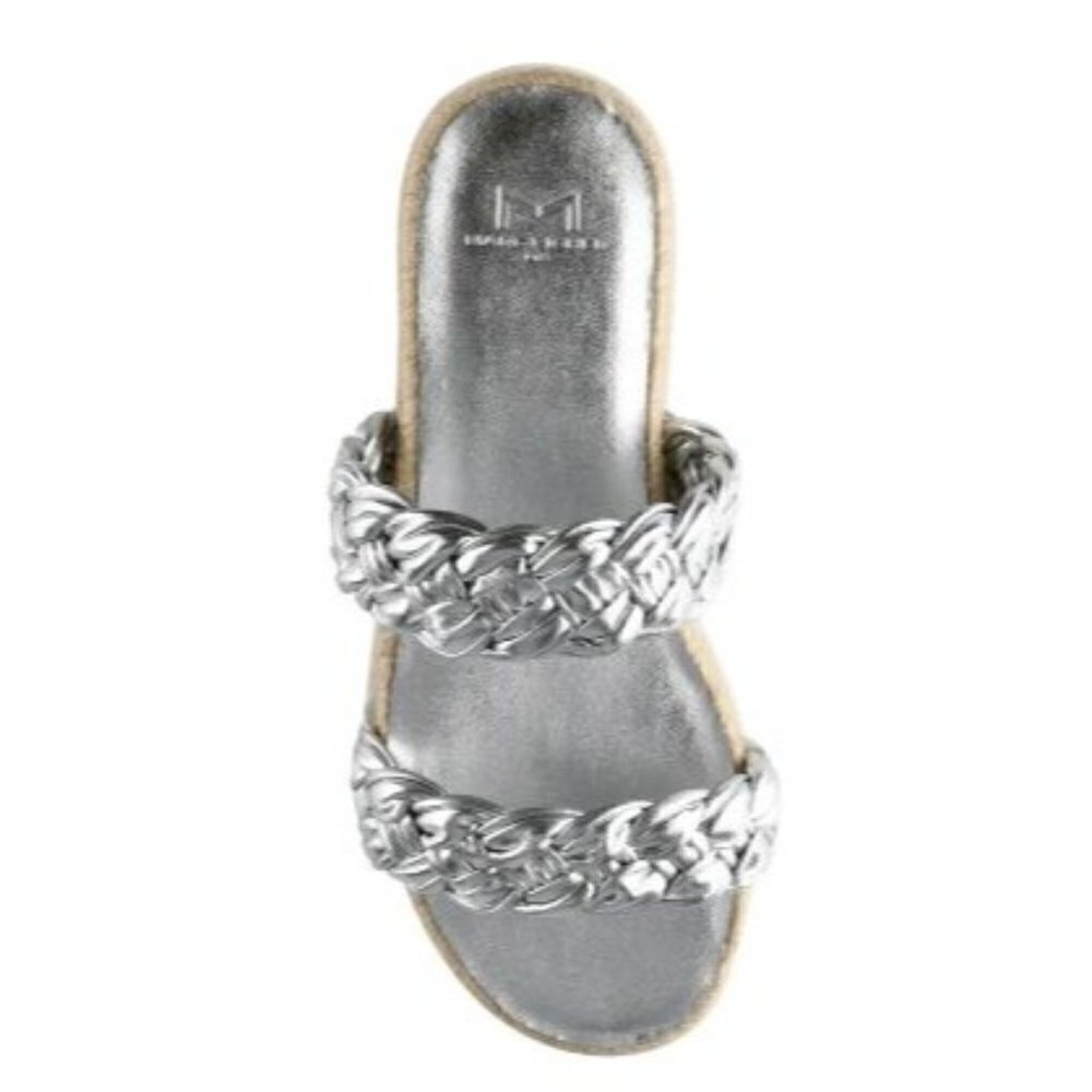 Marc Fisher Womens Silver Leather Platform Espadrille Slide Sandals Sz 8.5 New